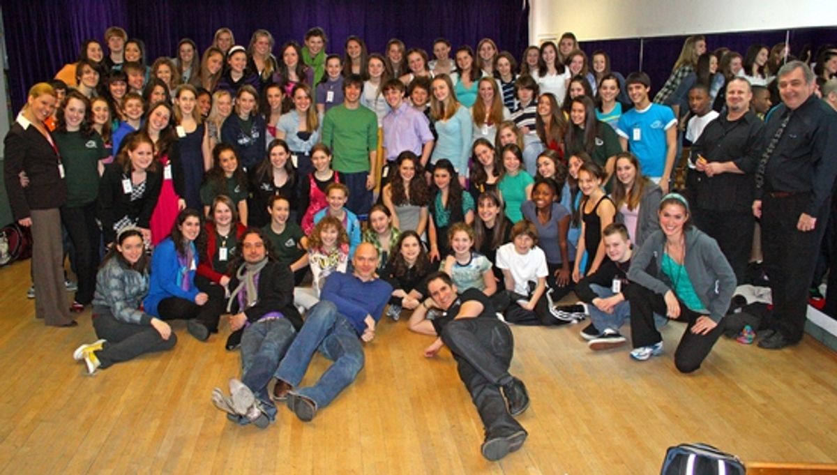 Constantine Maroulis, Michael Cerveris, and Seth Rudetsky with the students of Broadway Artists Alliance at 